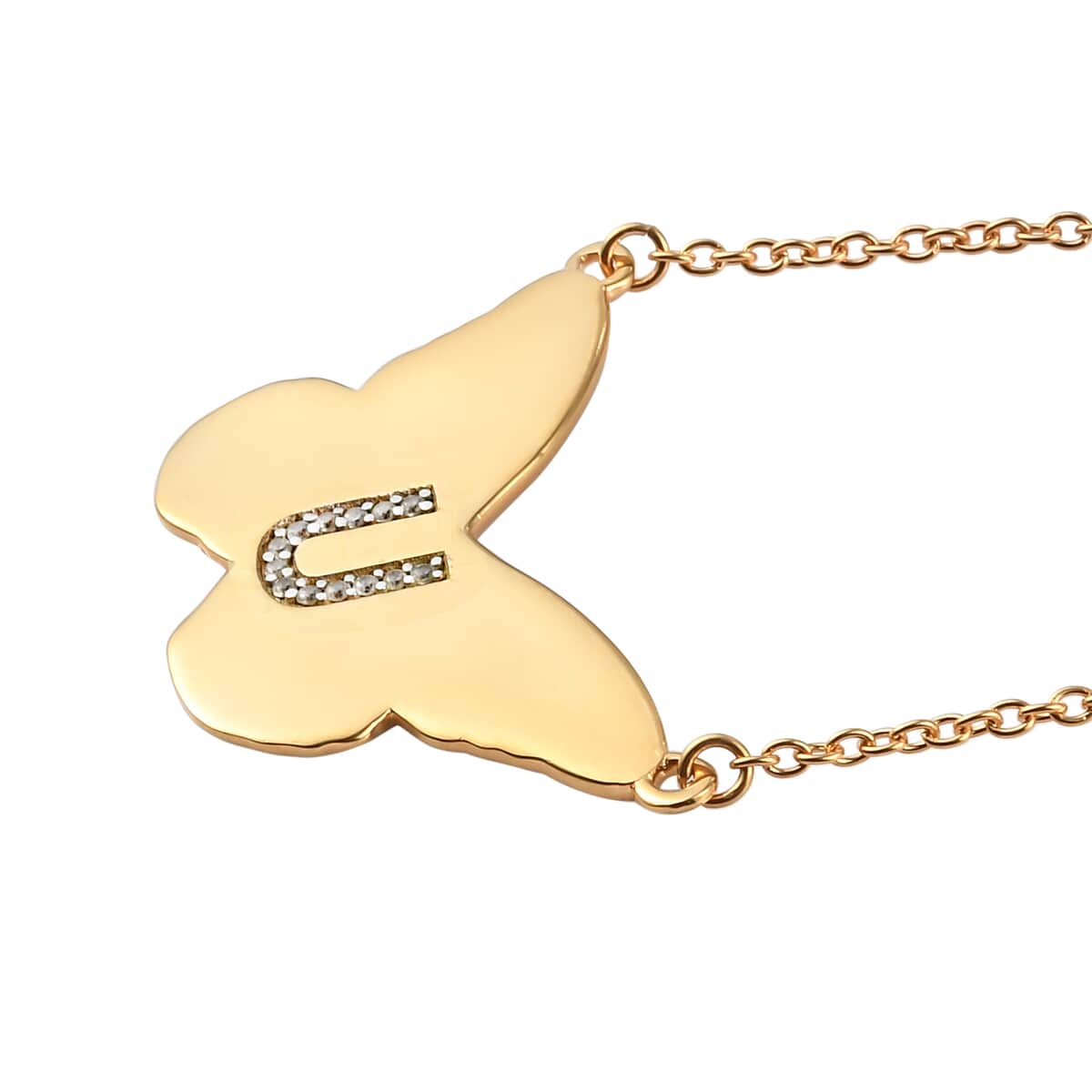 KARIS Zircon Butterfly Initial U Necklace (18 Inches) in 18K YG Plated and ION Plated YG Stainless Steel 0.10 ctw image number 3