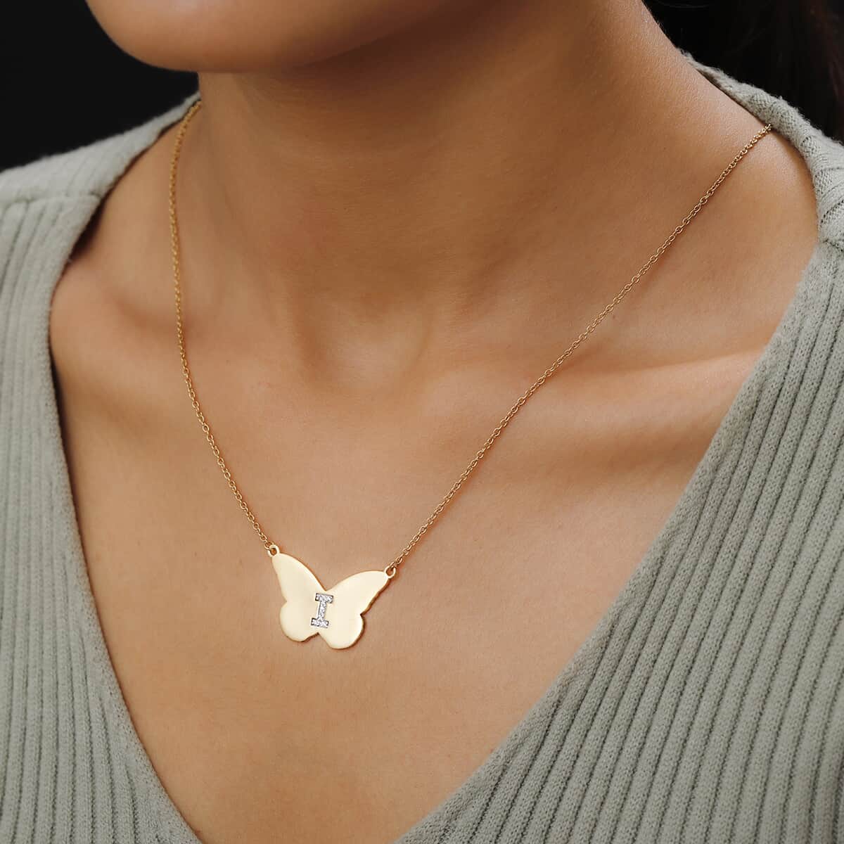 KARIS Zircon Butterfly Initial I Necklace (18 Inches) in 18K YG Plated and ION Plated YG Stainless Steel 0.10 ctw image number 2