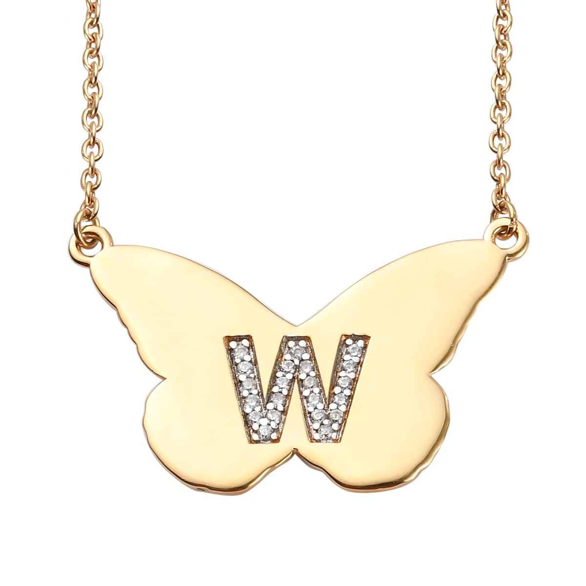KARIS Zircon Butterfly Initial W Necklace (18 Inches) in 18K YG Plated and ION Plated YG Stainless Steel 0.15 ctw image number 0