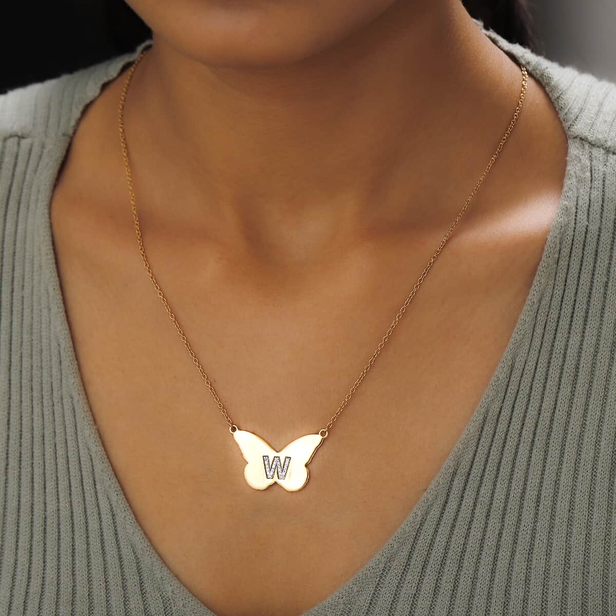 KARIS Zircon Butterfly Initial W Necklace (18 Inches) in 18K YG Plated and ION Plated YG Stainless Steel 0.15 ctw image number 2