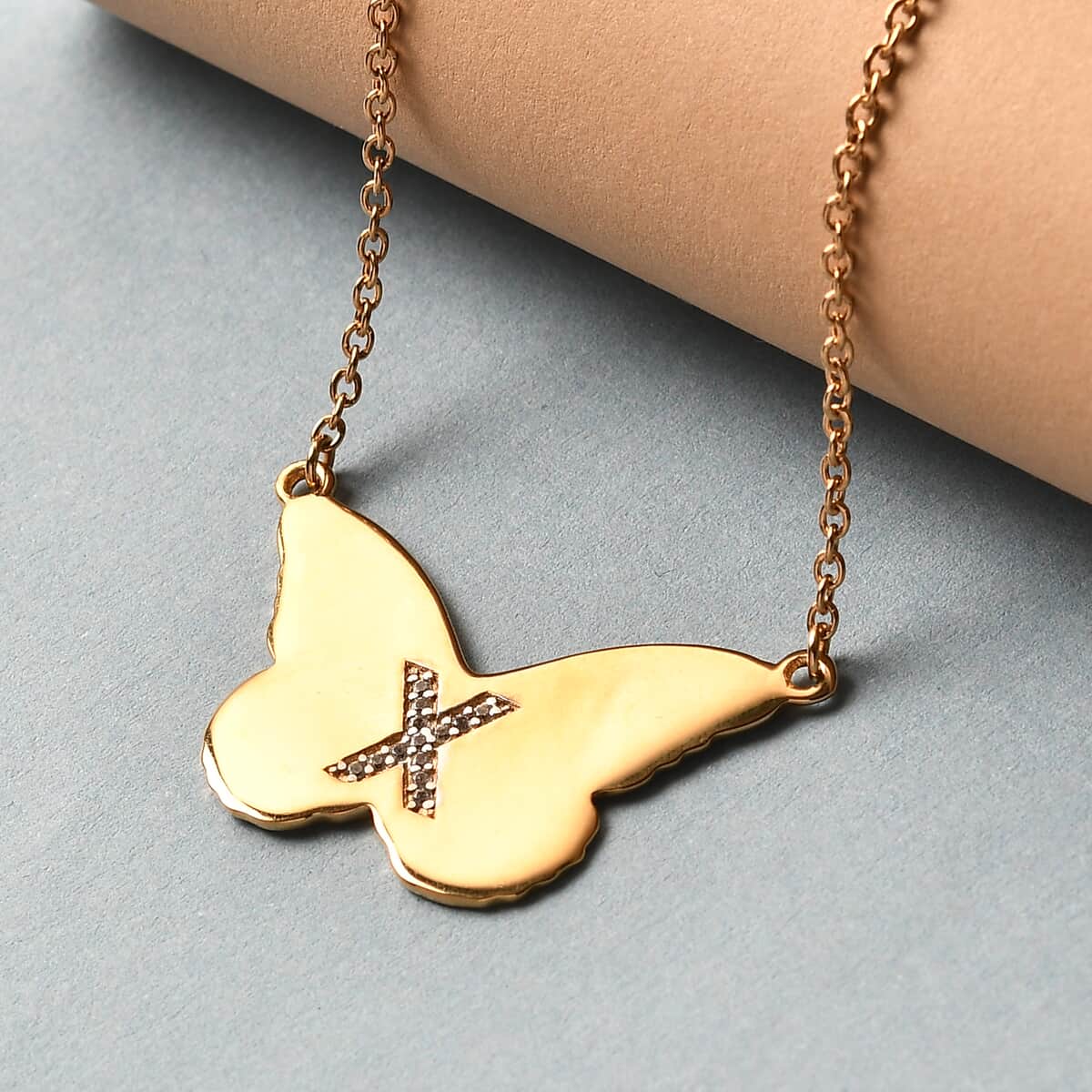 KARIS Zircon Butterfly Initial X Necklace (18 Inches) in 18K YG Plated and ION Plated YG Stainless Steel 0.10 ctw image number 1