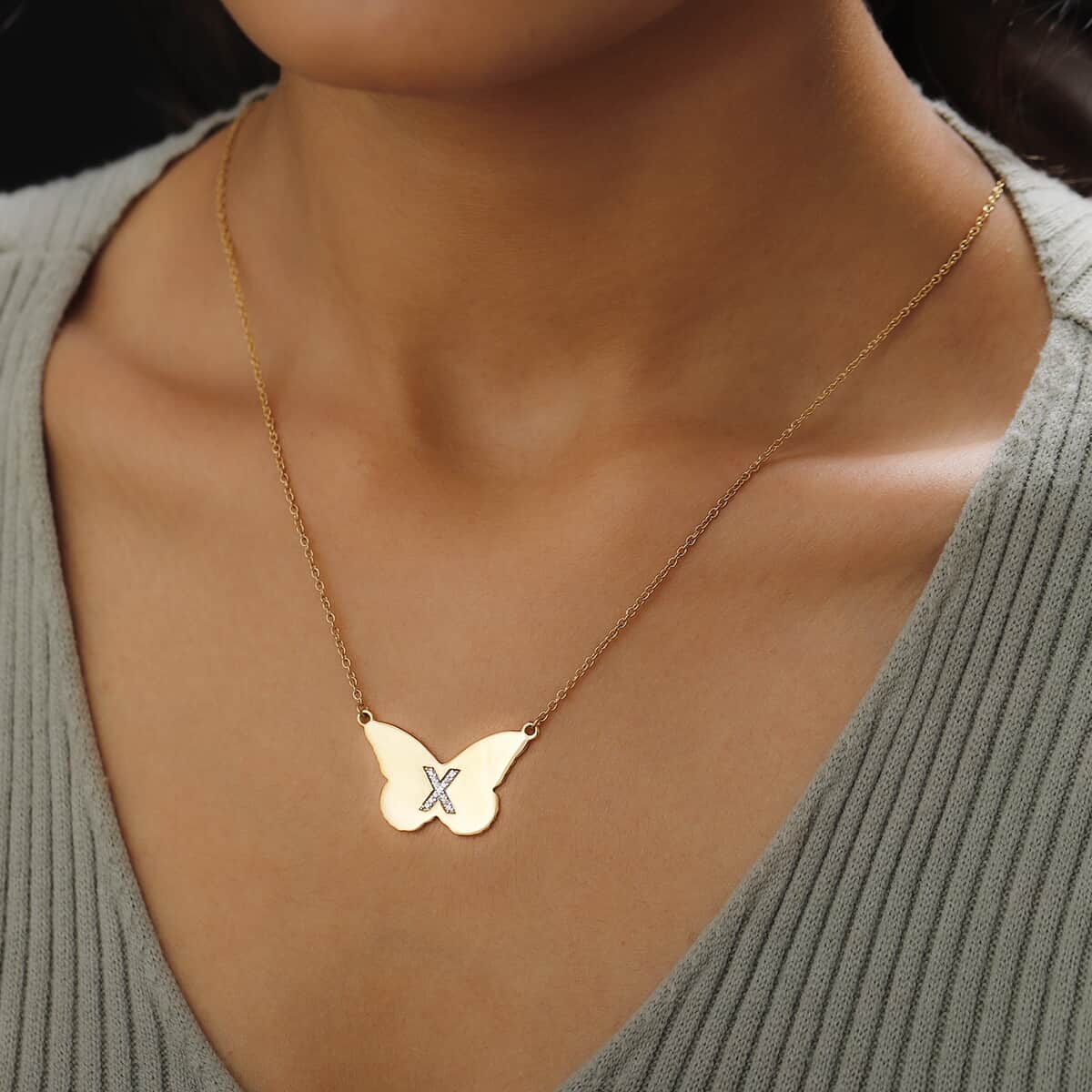 KARIS Zircon Butterfly Initial X Necklace (18 Inches) in 18K YG Plated and ION Plated YG Stainless Steel 0.10 ctw image number 2