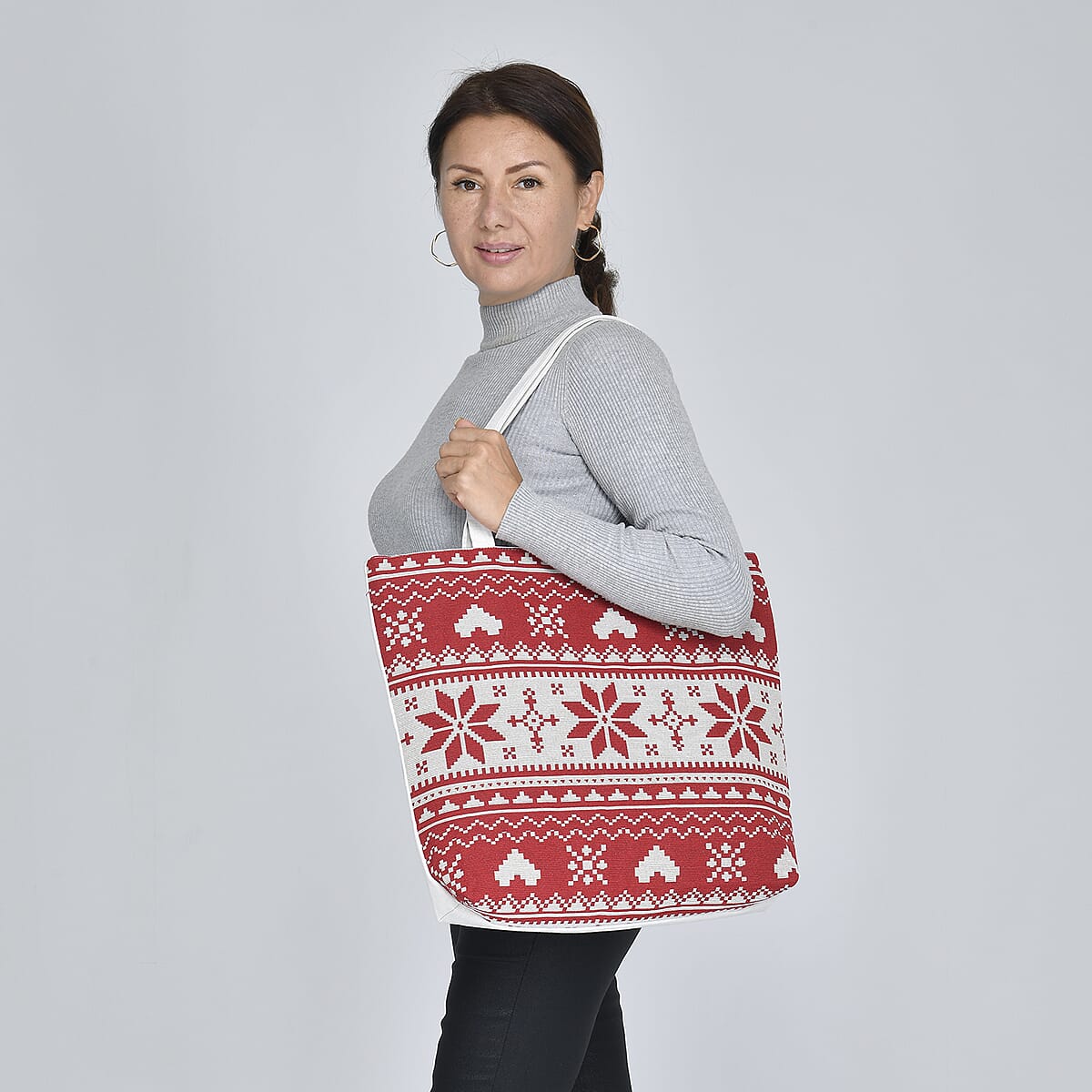 Red and White Snow Patterns Jute and Polyester Tote Bag (16"13.4"x3.6"x14.4") image number 1