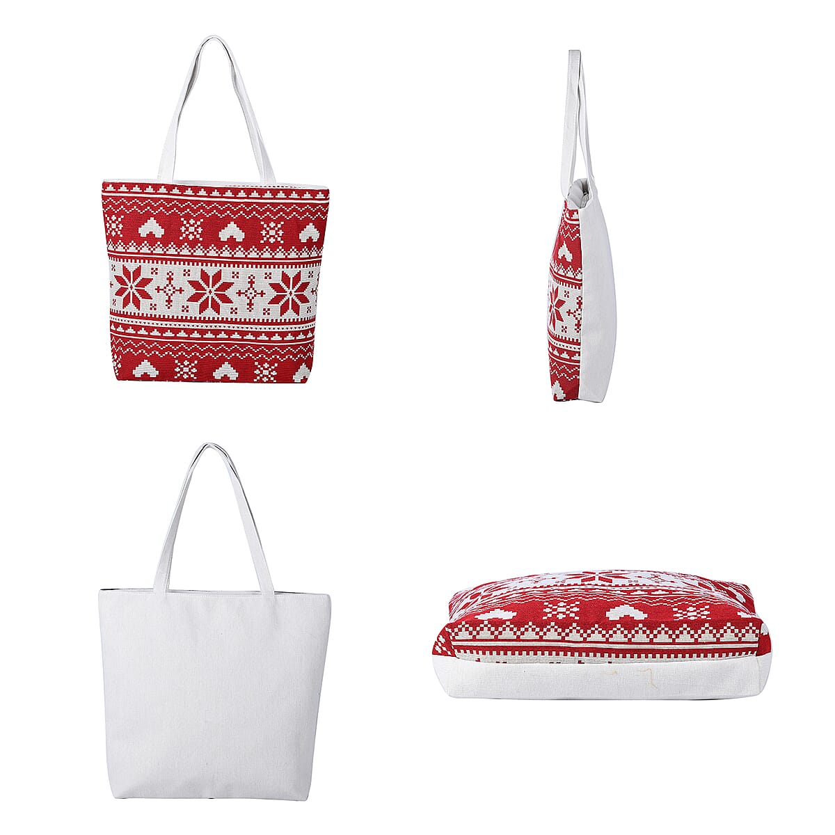 Red and White Snow Patterns Jute and Polyester Tote Bag (16"13.4"x3.6"x14.4") image number 3