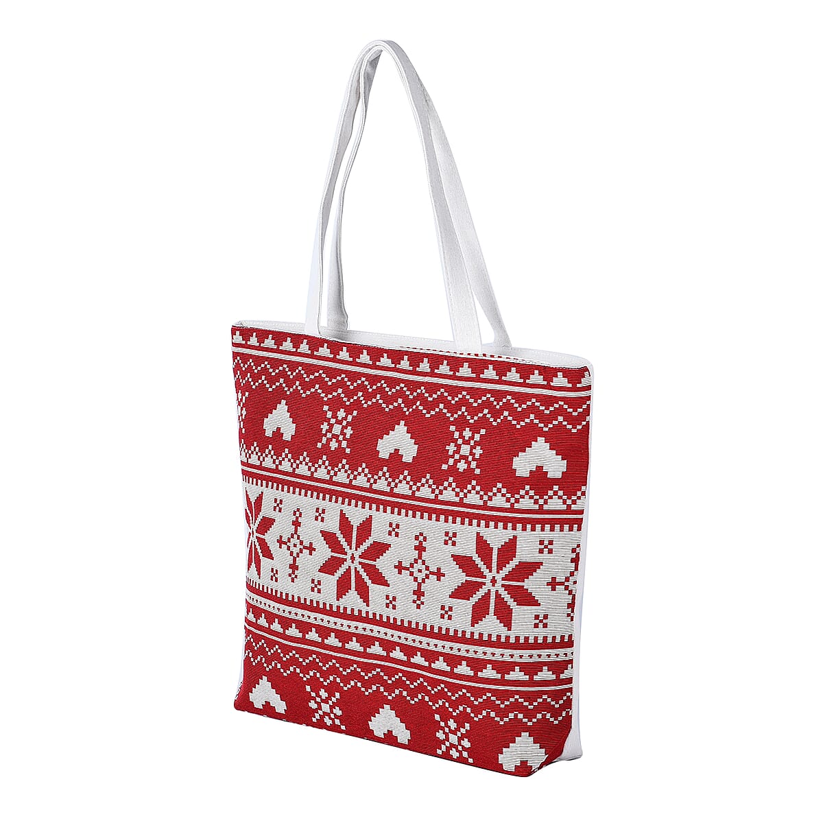 Red and White Snow Patterns Jute and Polyester Tote Bag (16"13.4"x3.6"x14.4") image number 6