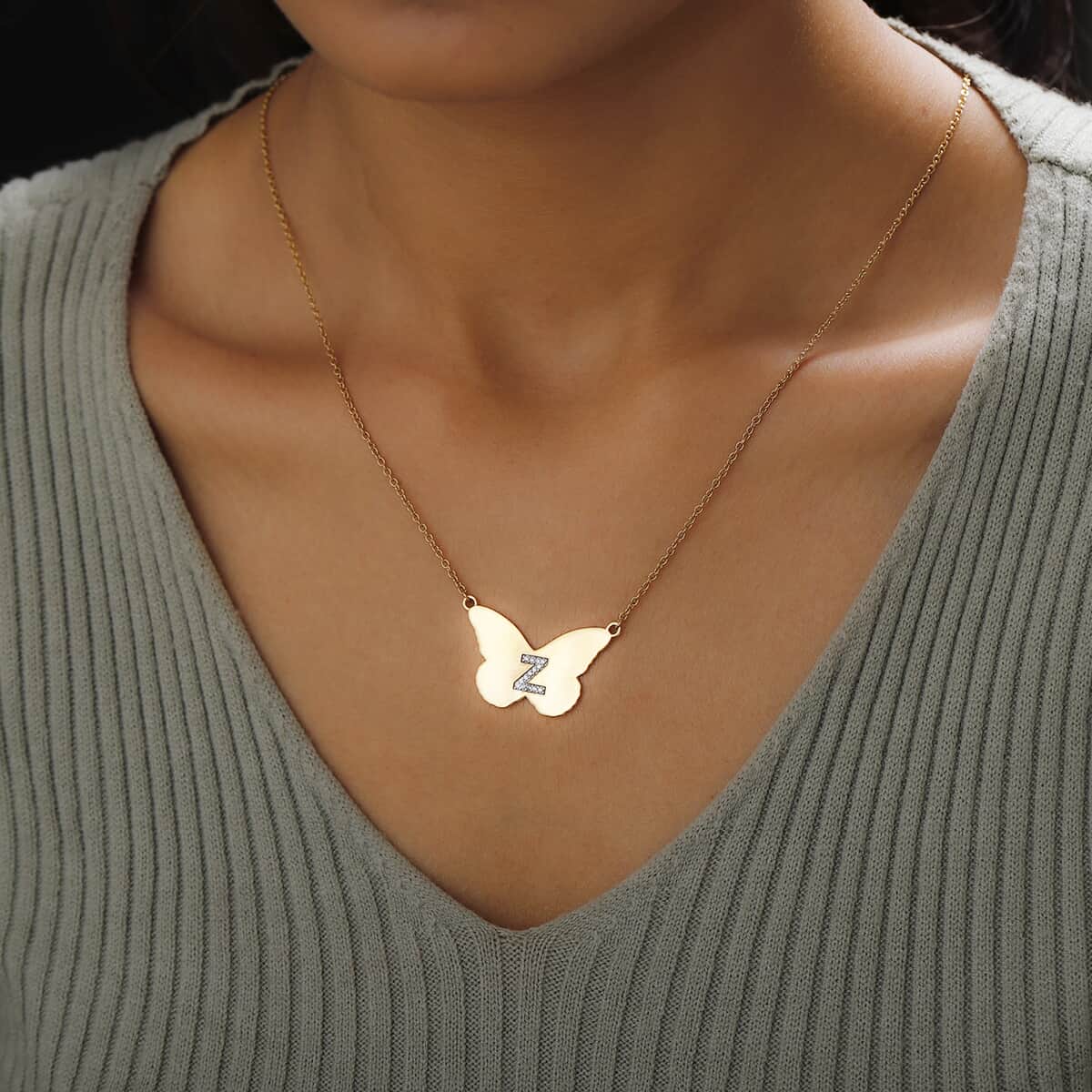 KARIS Zircon Butterfly Initial Z Necklace (18 Inches) in 18K YG Plated and ION Plated YG Stainless Steel 0.10 ctw image number 2