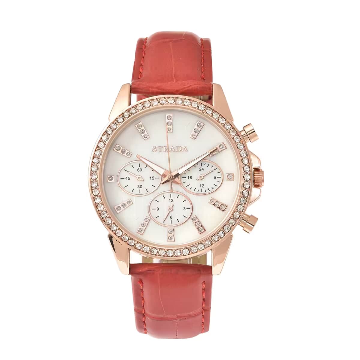 Strada Austrian Crystal Japanese Movement Watch with Red Faux Leather Strap image number 0