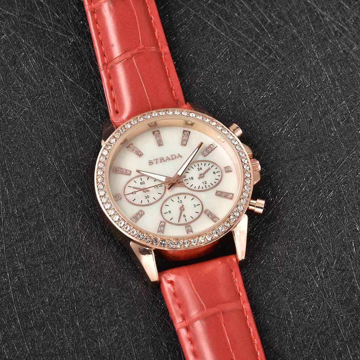 Strada Austrian Crystal Japanese Movement Watch with Red Faux Leather Strap image number 1