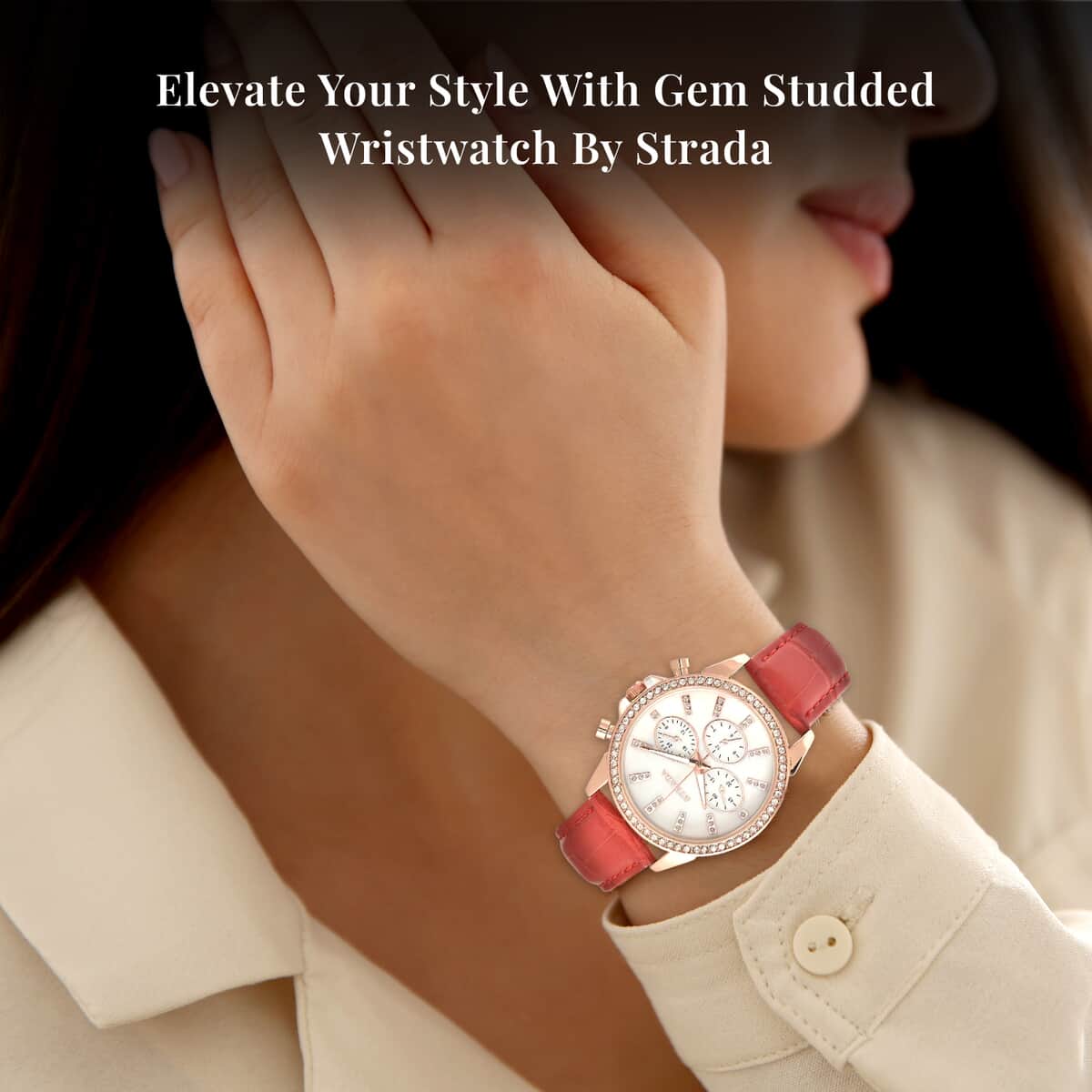 Strada Austrian Crystal Japanese Movement Watch with Red Faux Leather Strap image number 2