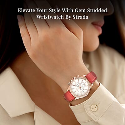 Strada Austrian Crystal Japanese Movement Watch with Red Faux Leather Strap