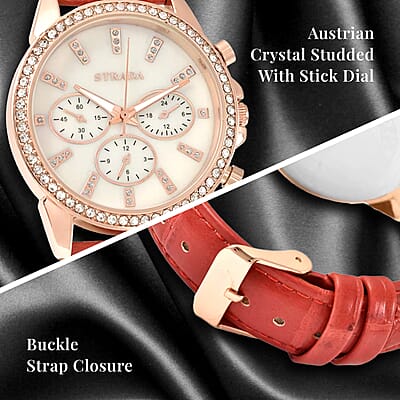 Strada Austrian Crystal Japanese Movement Watch with Red Faux Leather Strap