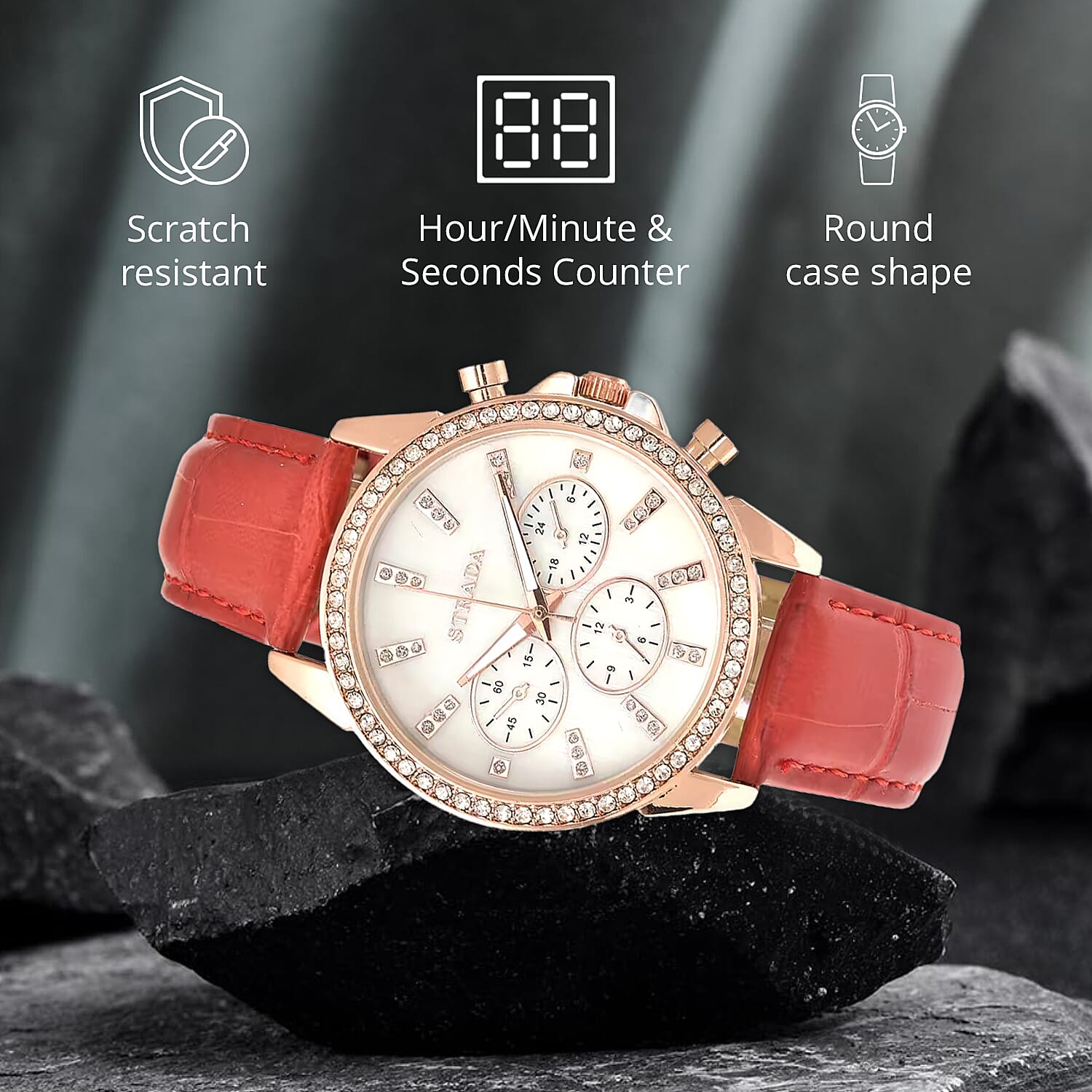 Strada Austrian Crystal Japanese Movement Watch with Red Faux Leather Strap