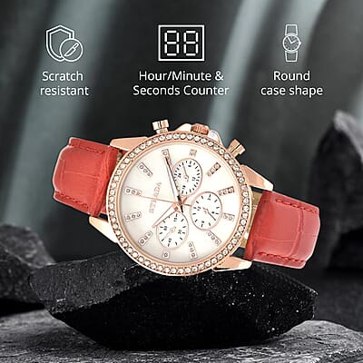 Strada Austrian Crystal Japanese Movement Watch with Red Faux Leather Strap