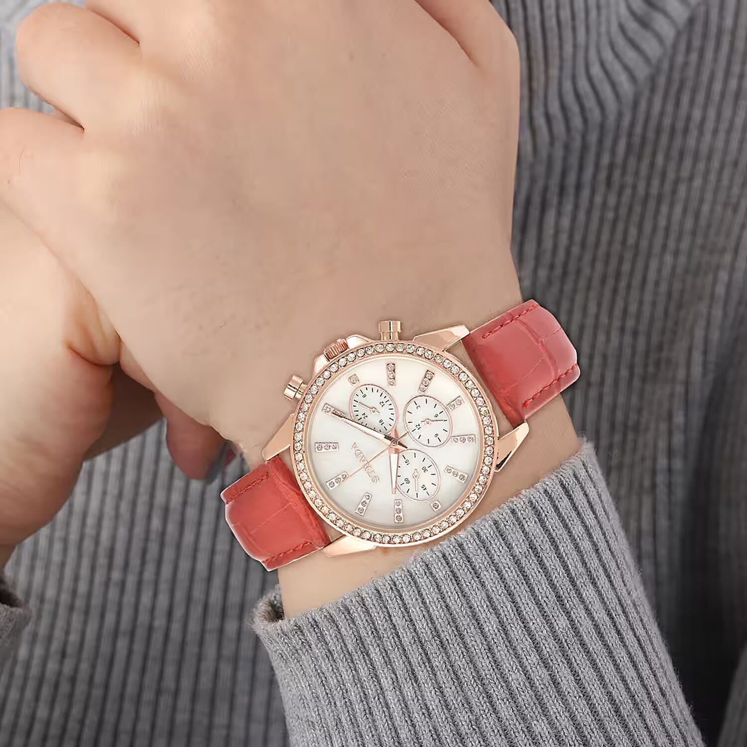 Strada Austrian Crystal Japanese Movement Watch with Red Faux Leather Strap