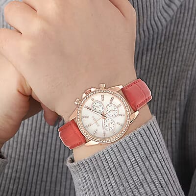 Strada Austrian Crystal Japanese Movement Watch with Red Faux Leather Strap