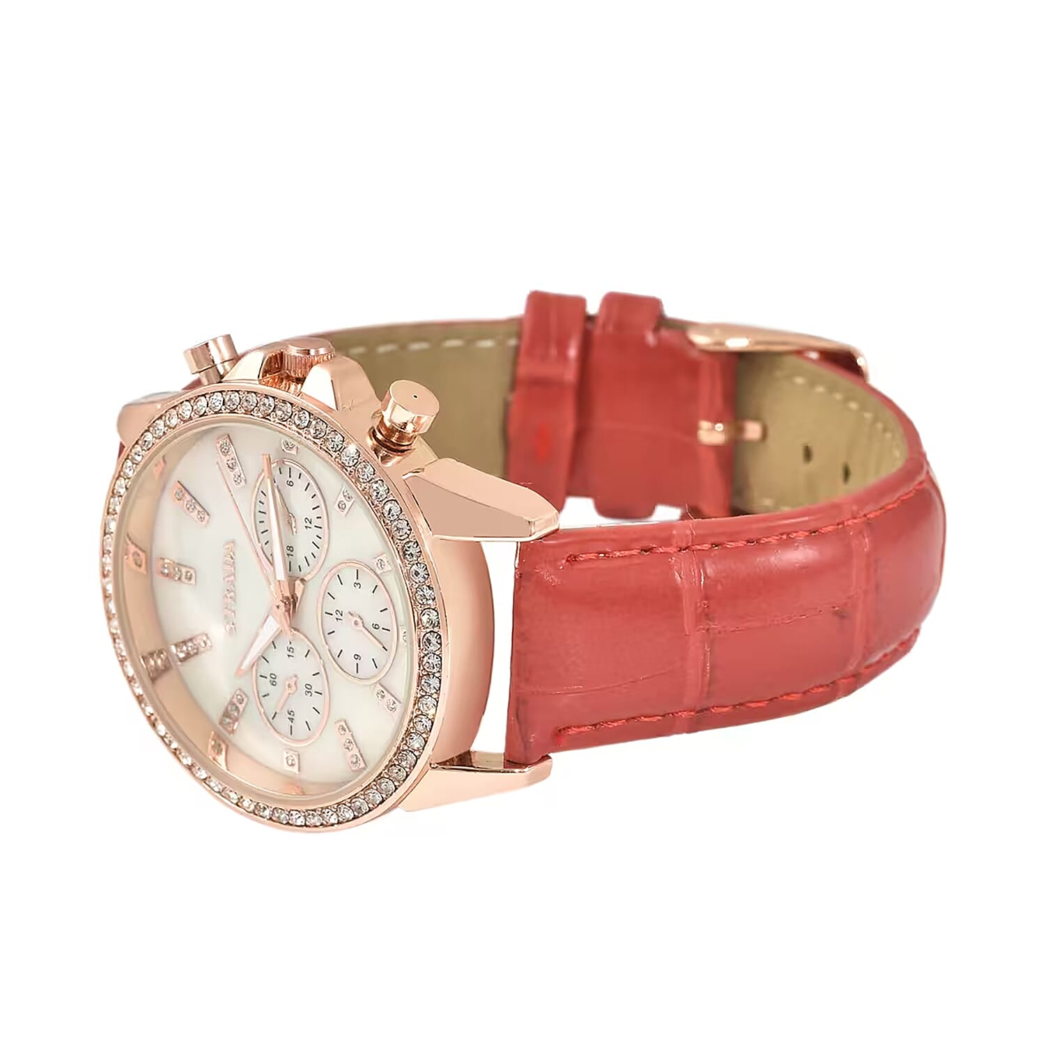 Strada Austrian Crystal Japanese Movement Watch with Red Faux Leather Strap