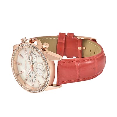 Strada Austrian Crystal Japanese Movement Watch with Red Faux Leather Strap