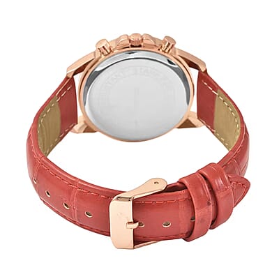 Strada Austrian Crystal Japanese Movement Watch with Red Faux Leather Strap