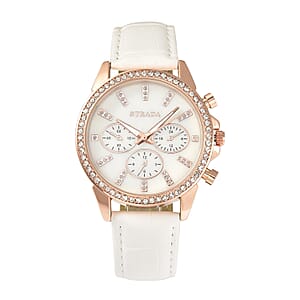 Strada Austrian Crystal Japanese Movement Watch with White Faux Leather Strap