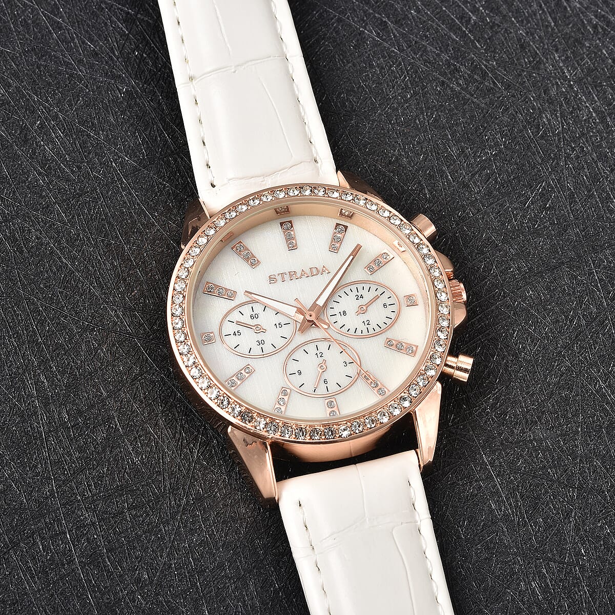 Strada Austrian Crystal Japanese Movement Watch with White Faux Leather Strap image number 1