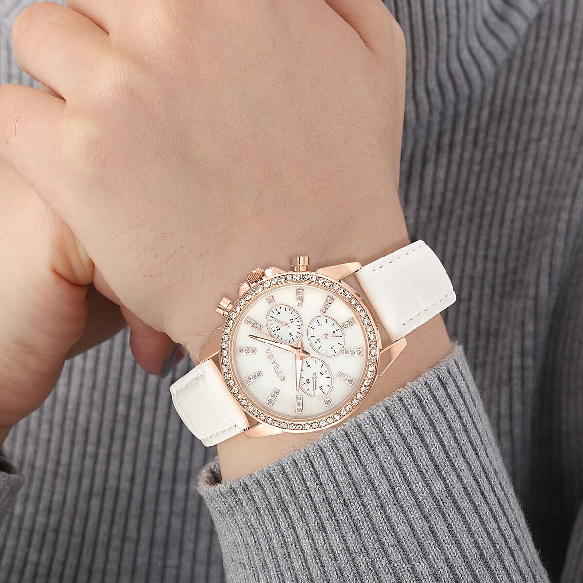 Strada Austrian Crystal Japanese Movement Watch with White Faux Leather Strap image number 2