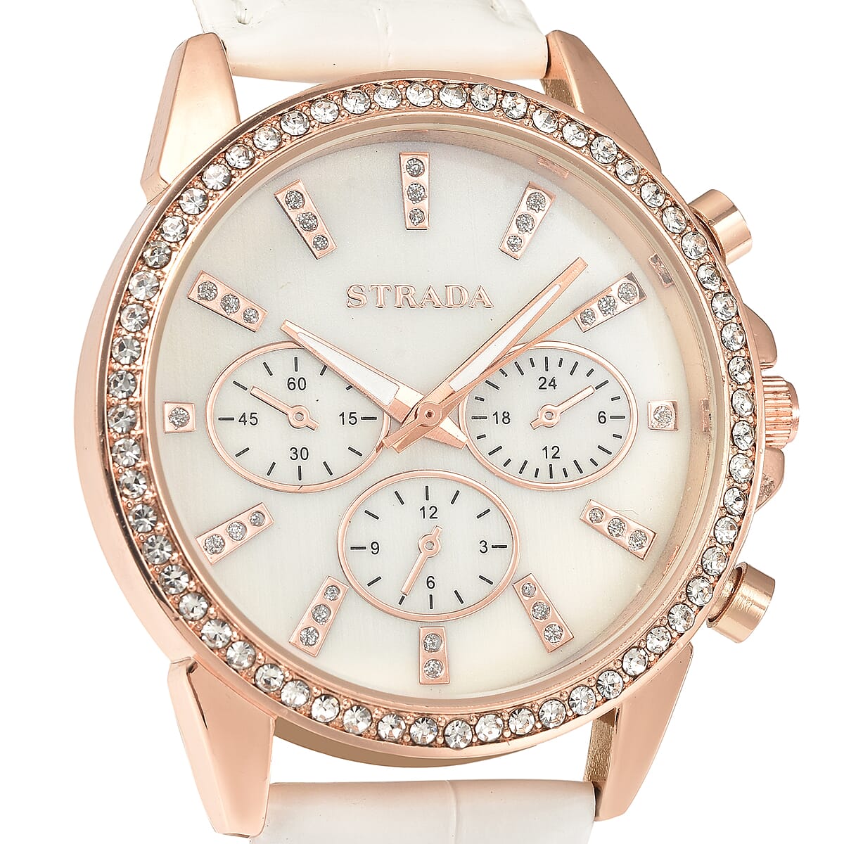 Strada Austrian Crystal Japanese Movement Watch with White Faux Leather Strap image number 3