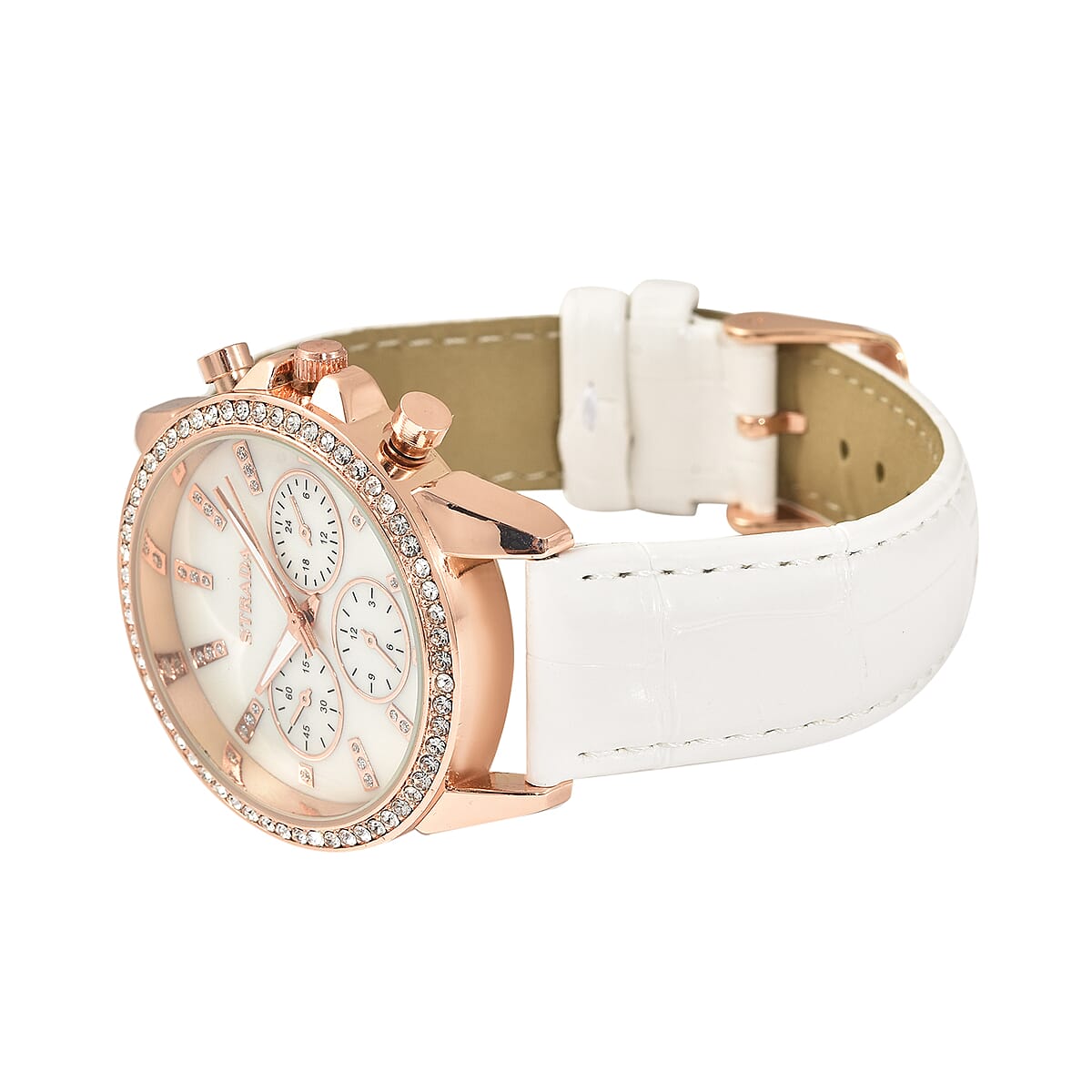 Strada Austrian Crystal Japanese Movement Watch with White Faux Leather Strap image number 4