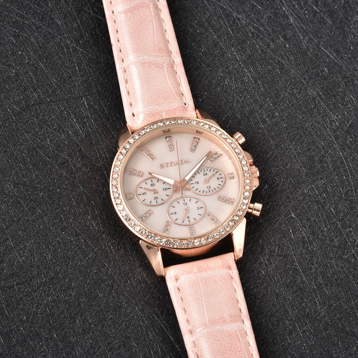 STRADA Austrian Crystal Japanese Movement Watch with Pink Faux Leather Strap image number 1