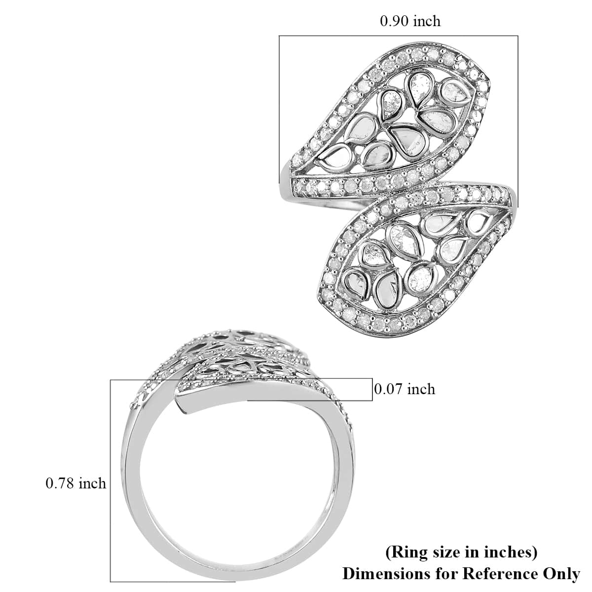 Polki Diamond and Diamond Bypass Ring in Platinum Over Sterling Silver (Size 6.0) 1.50 ctw image number 5