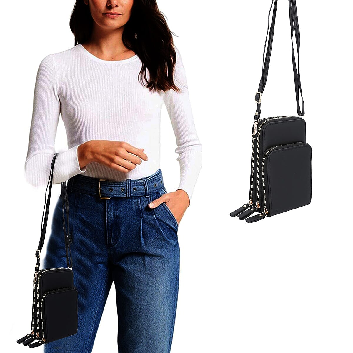 Black Solid Color Faux Leather Shoulder Bag (4.3"x7"x2.8") with Matching Shoulder Straps image number 1
