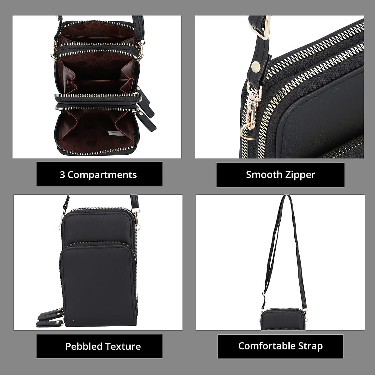 Black Solid Color Faux Leather Shoulder Bag (4.3"x7"x2.8") with Matching Shoulder Straps image number 3