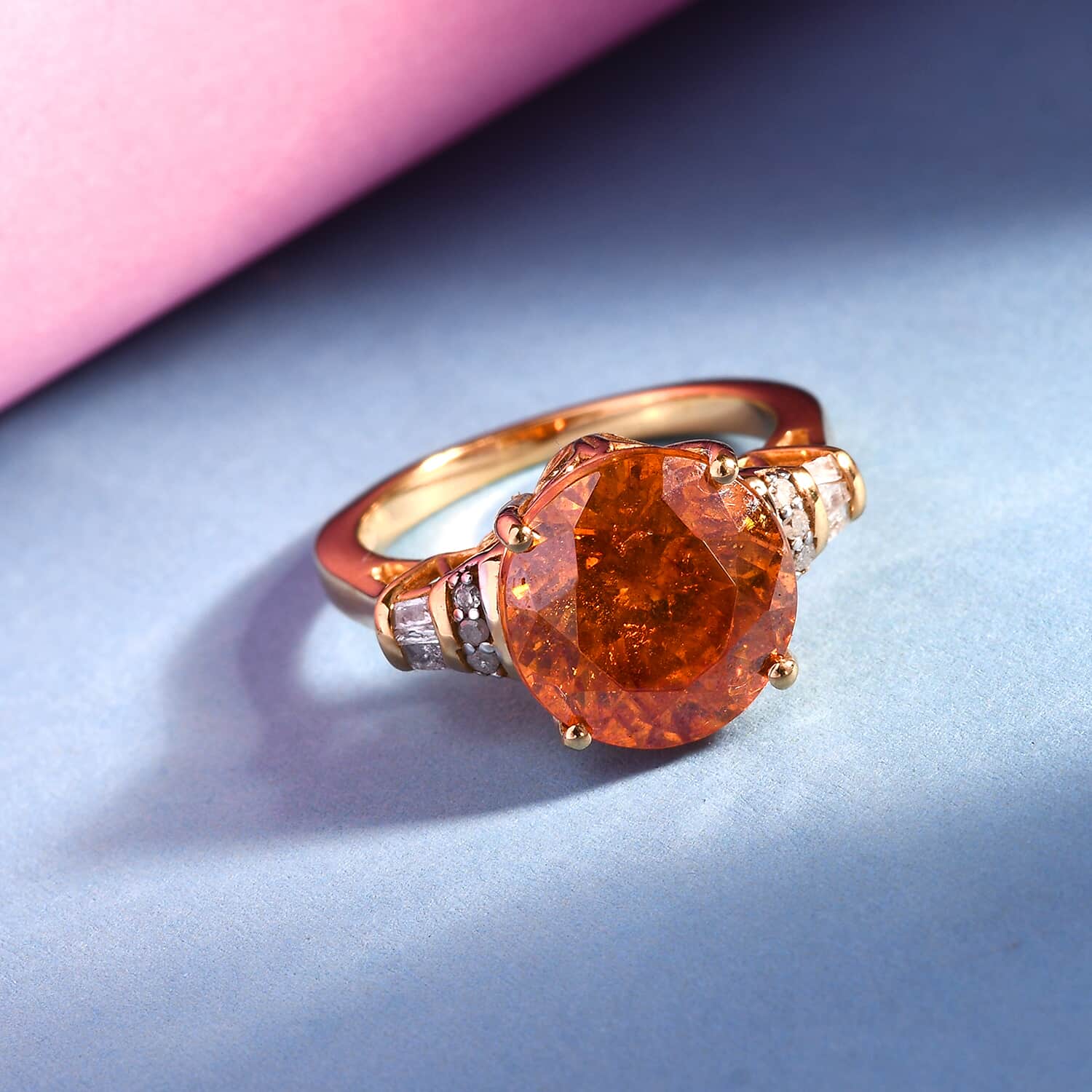 Picos Altos Orange Sphalerite and Diamond Ring in Vermeil Yellow Gold Over  Sterling Silver (Size 7.0) 6.90 ctw