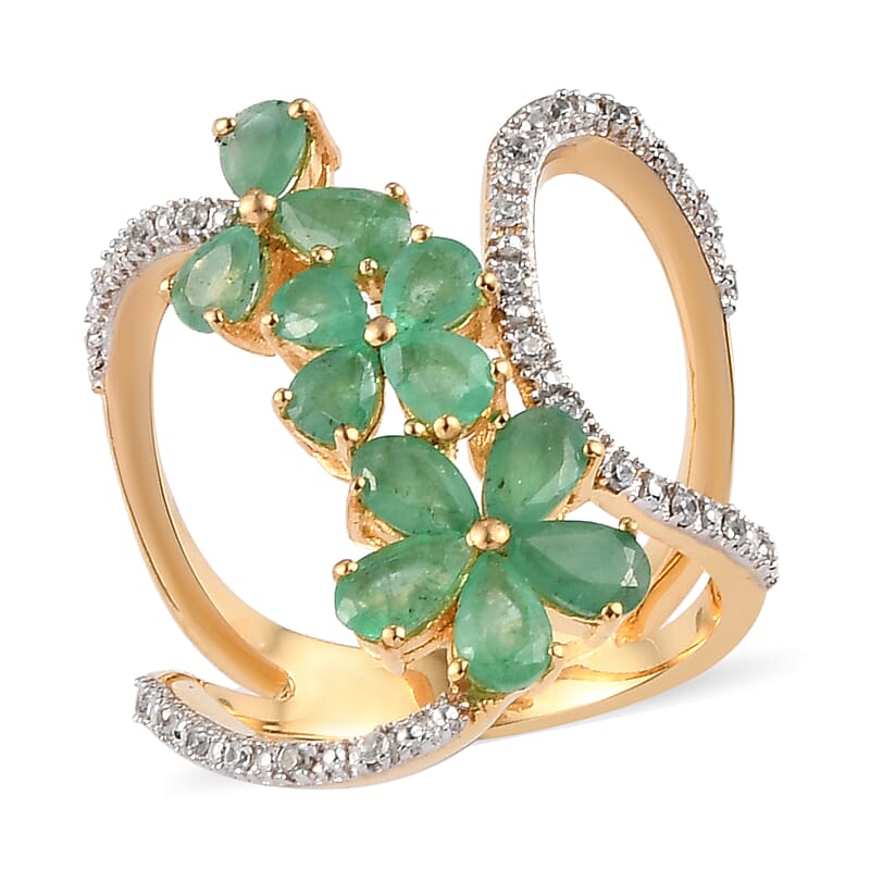 Socoto Emerald and Natural White Zircon Floral Ring in Vermeil Yellow Gold Over Sterling Silver (Size 7.0) 2.20 ctw