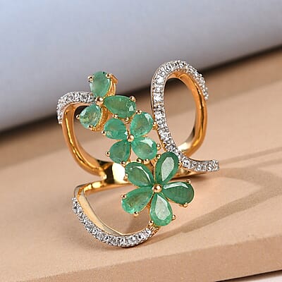 Socoto Emerald and Natural White Zircon Floral Ring in Vermeil Yellow Gold Over Sterling Silver (Size 7.0) 2.20 ctw