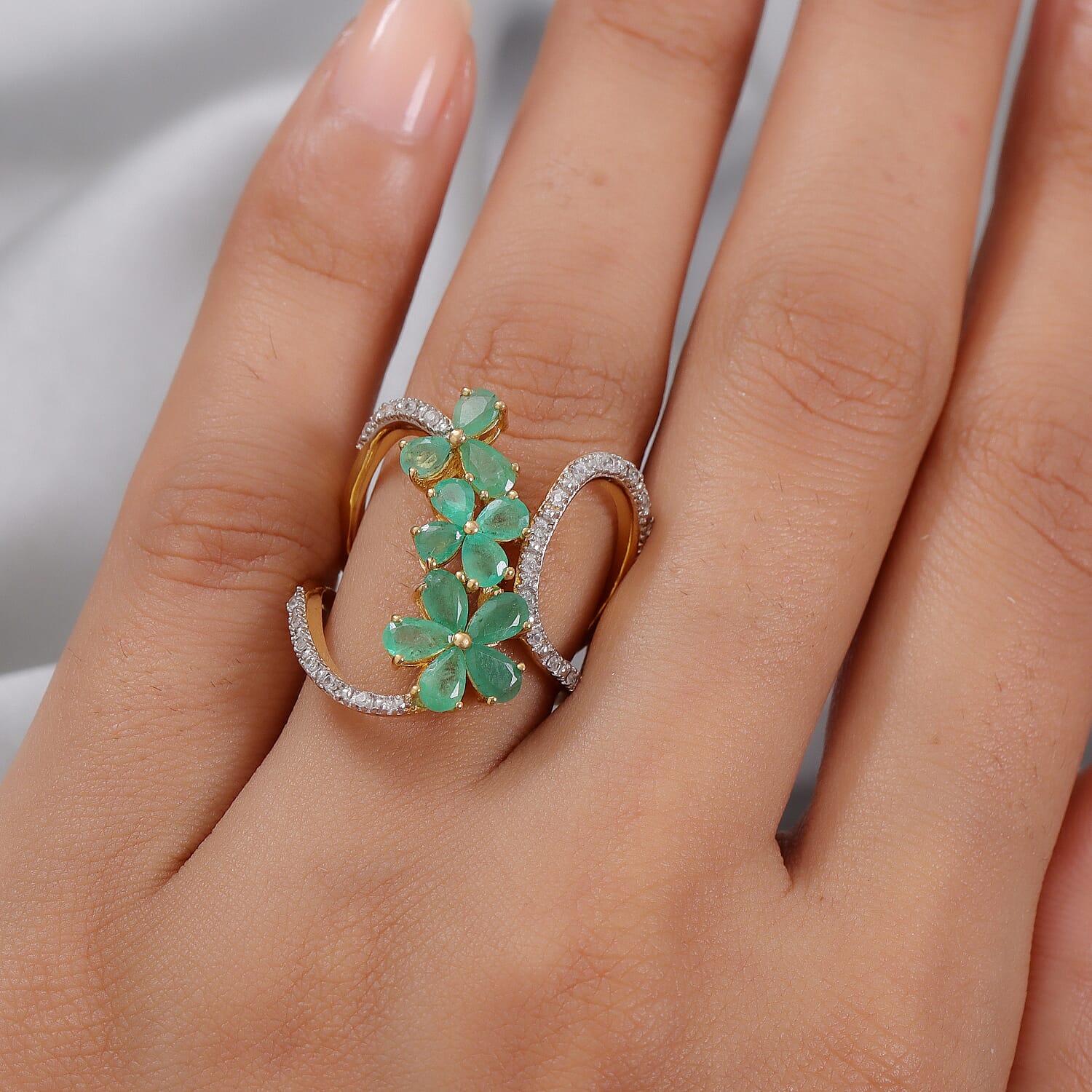 Socoto Emerald and Natural White Zircon Floral Ring in Vermeil Yellow Gold Over Sterling Silver (Size 7.0) 2.20 ctw