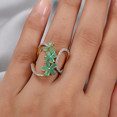 Socoto Emerald and Natural White Zircon Floral Ring in Vermeil Yellow Gold Over Sterling Silver (Size 7.0) 2.20 ctw