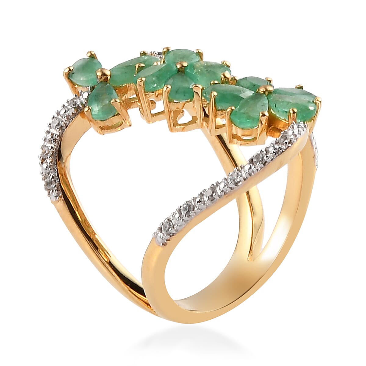 Socoto Emerald and Natural White Zircon Floral Ring in Vermeil Yellow Gold Over Sterling Silver (Size 7.0) 2.20 ctw