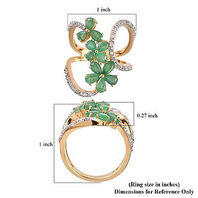 Socoto Emerald and Natural White Zircon Floral Ring in Vermeil Yellow Gold Over Sterling Silver (Size 7.0) 2.20 ctw