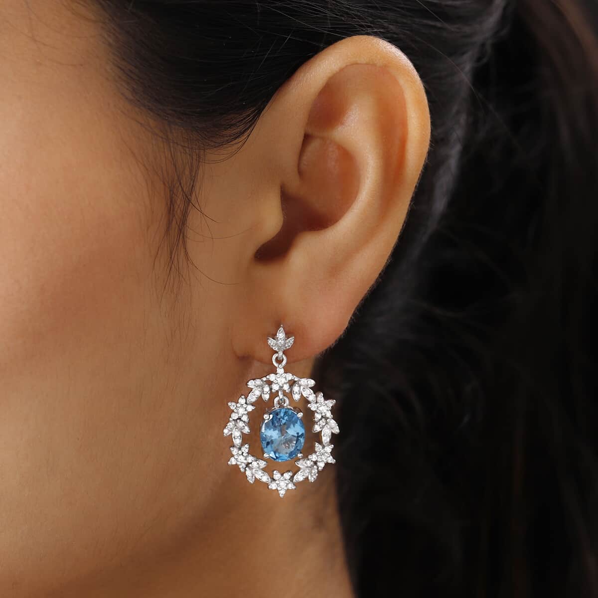 London Blue Topaz and Natural White Zircon Earrings in Platinum Over Sterling Silver 7.60 ctw image number 2