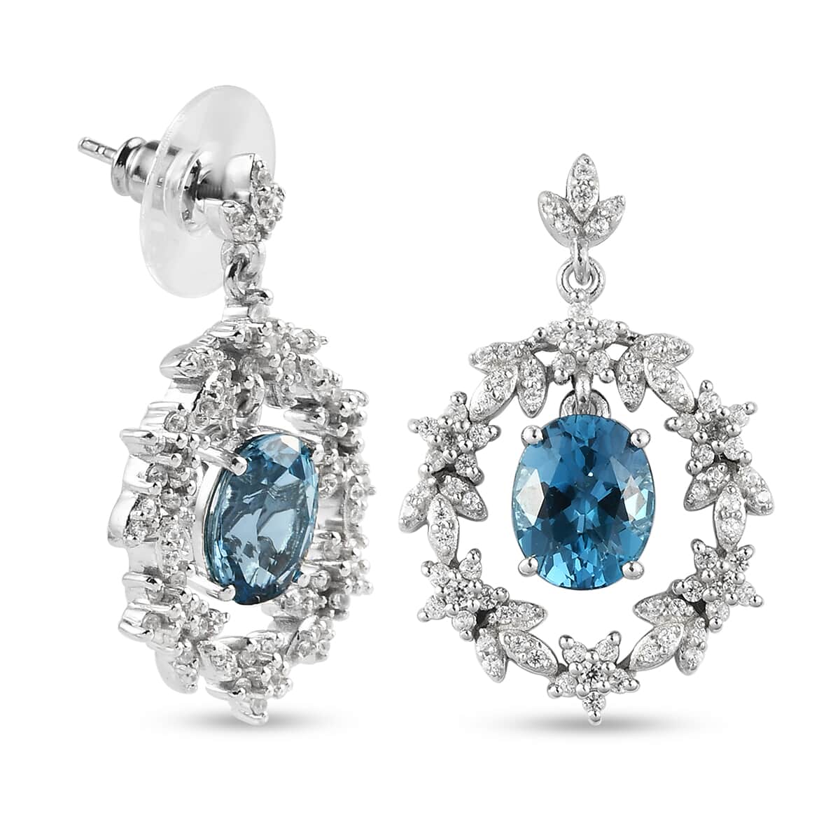 London Blue Topaz and Natural White Zircon Earrings in Platinum Over Sterling Silver 7.60 ctw image number 3