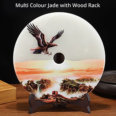 Serpentine Jade Hand Painted Round Decorative Disk Plate on Wooden Stand For Home Decor Approx. 13255ctw
