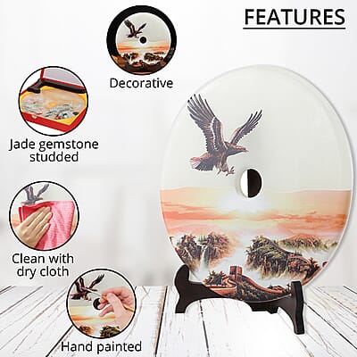 Serpentine Jade Hand Painted Round Decorative Disk Plate on Wooden Stand For Home Decor Approx. 13255ctw