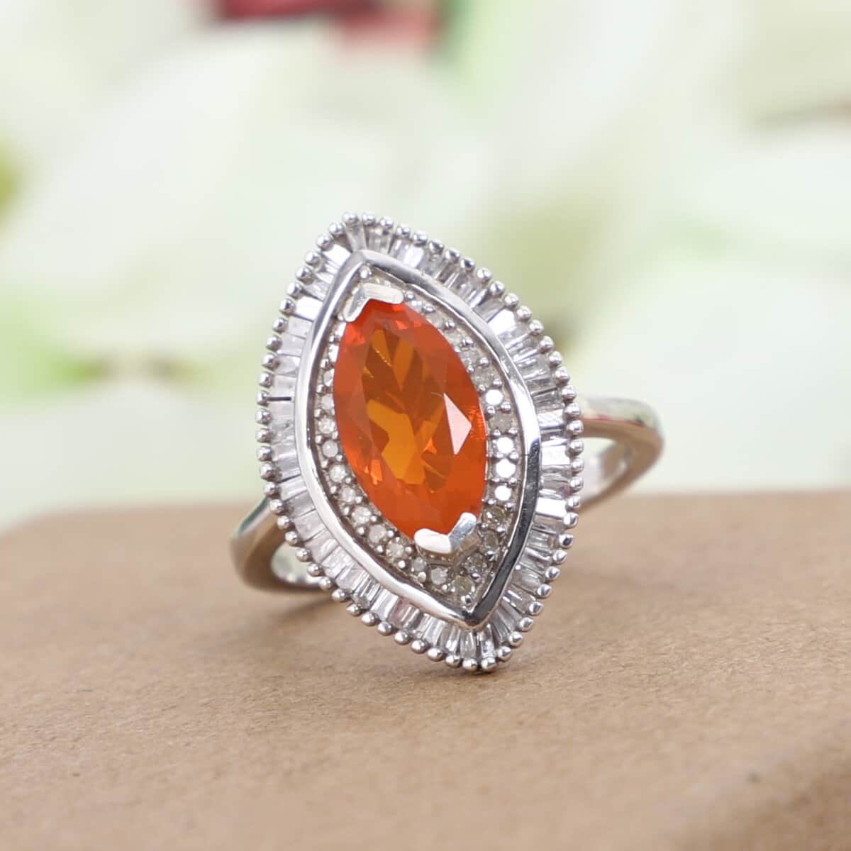 Salamanca Fire Opal and Diamond Double Halo Ring in Platinum Over Sterling Silver (Size 9.0) 1.75 ctw image number 1