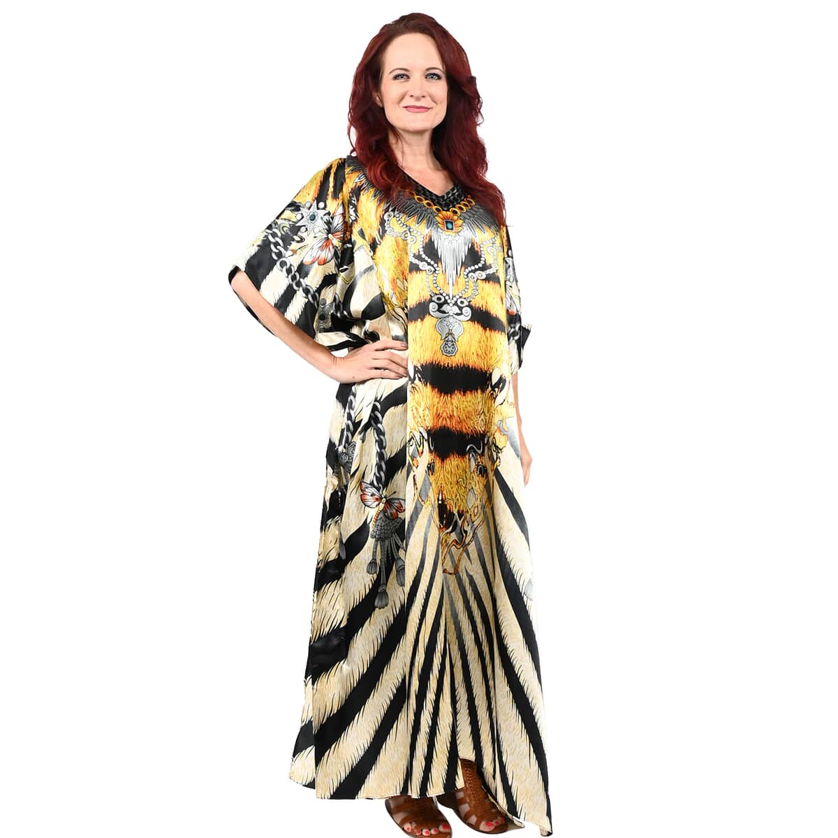 ONE TIME ONLY LOS ANGELES CLOSEOUT WINLAR Yellow Zebra Jewel Print  V-Neck Long Satin Kaftan - One Size Fits Most image number 0