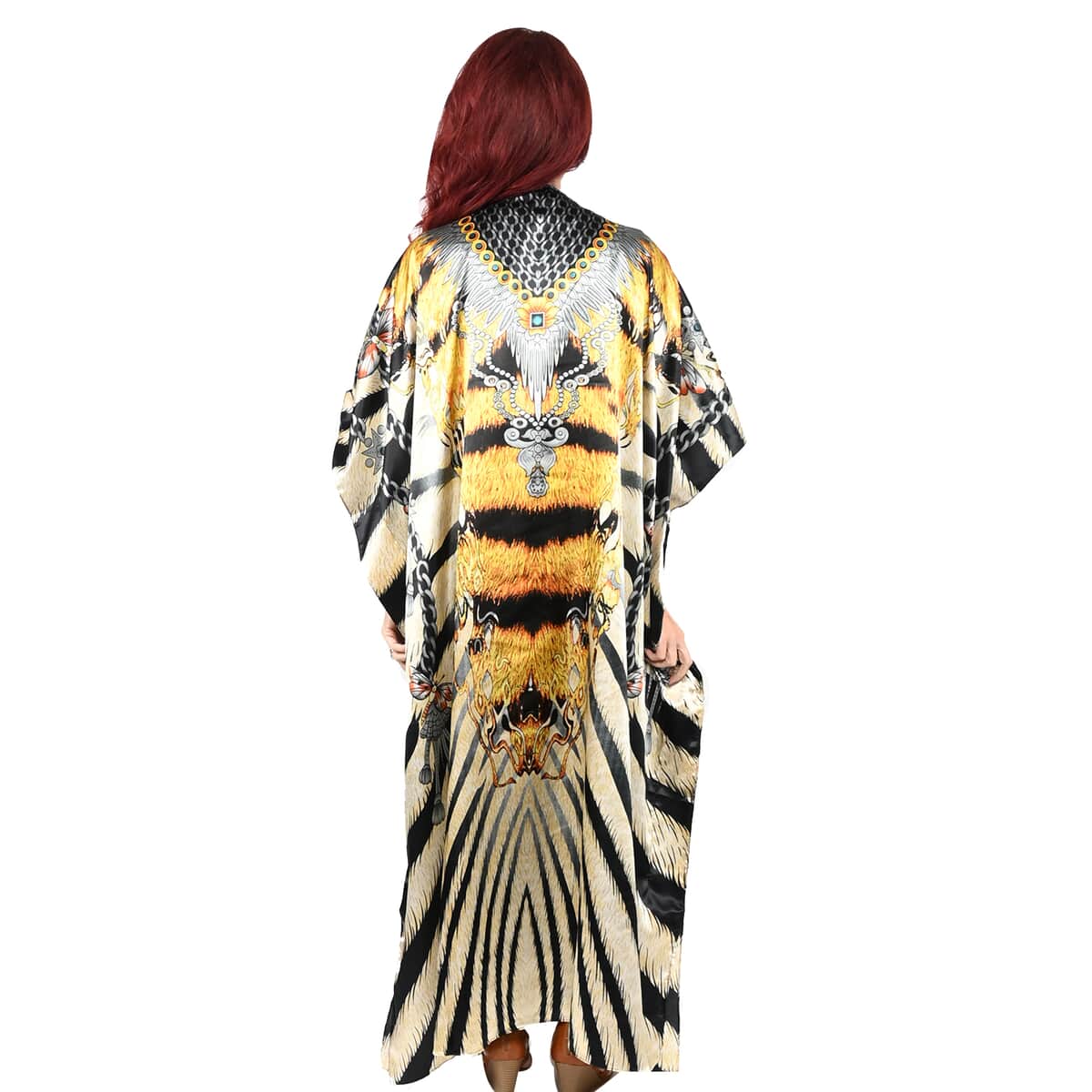 ONE TIME ONLY LOS ANGELES CLOSEOUT WINLAR Yellow Zebra Jewel Print  V-Neck Long Satin Kaftan - One Size Fits Most image number 1