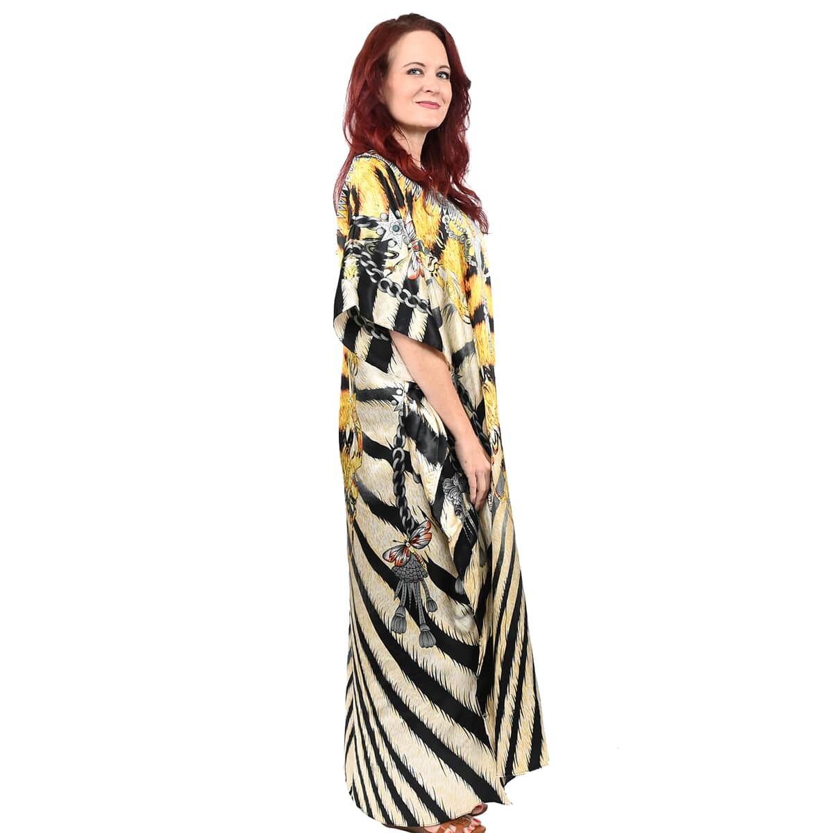 ONE TIME ONLY LOS ANGELES CLOSEOUT WINLAR Yellow Zebra Jewel Print  V-Neck Long Satin Kaftan - One Size Fits Most image number 2