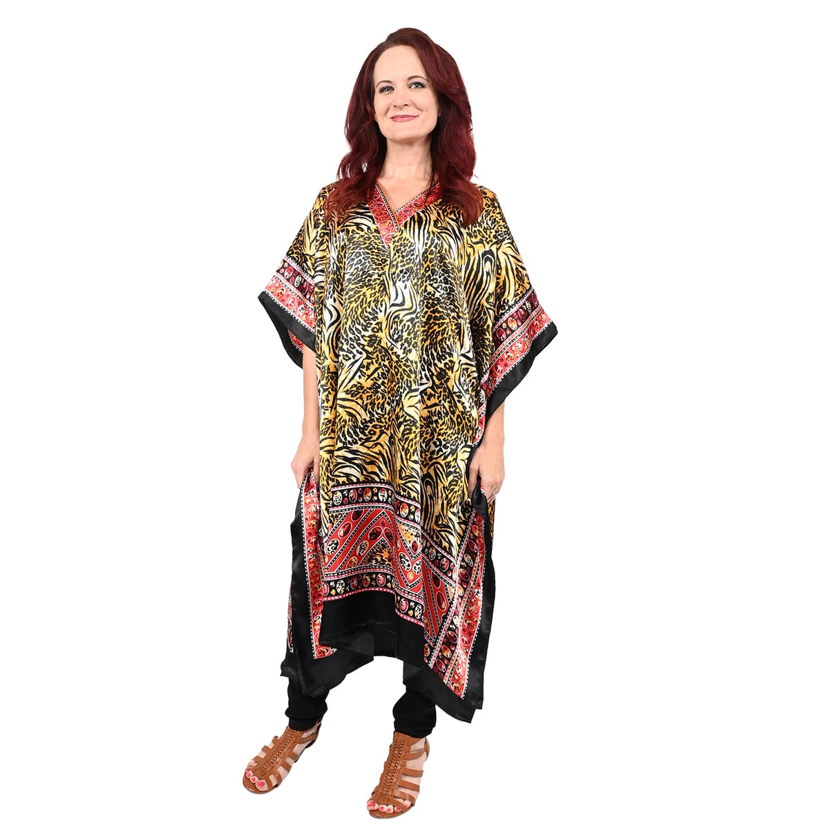 WINLAR Yellow Tiger Print V-Neck Short Satin Kaftan - One Size Fits Most image number 0