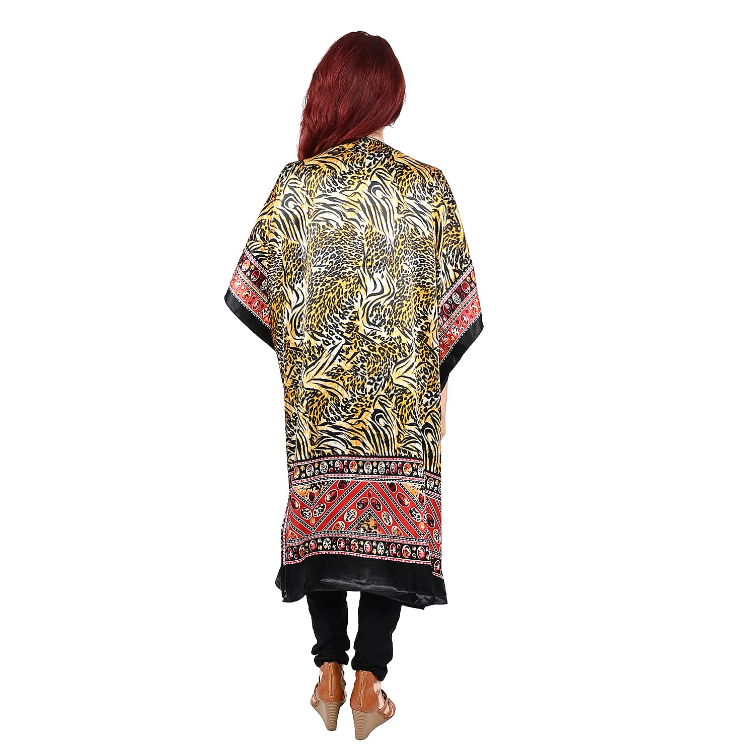 Winlar Yellow Tiger Print V-Neck Short Satin Kaftan - One Size Fits Most