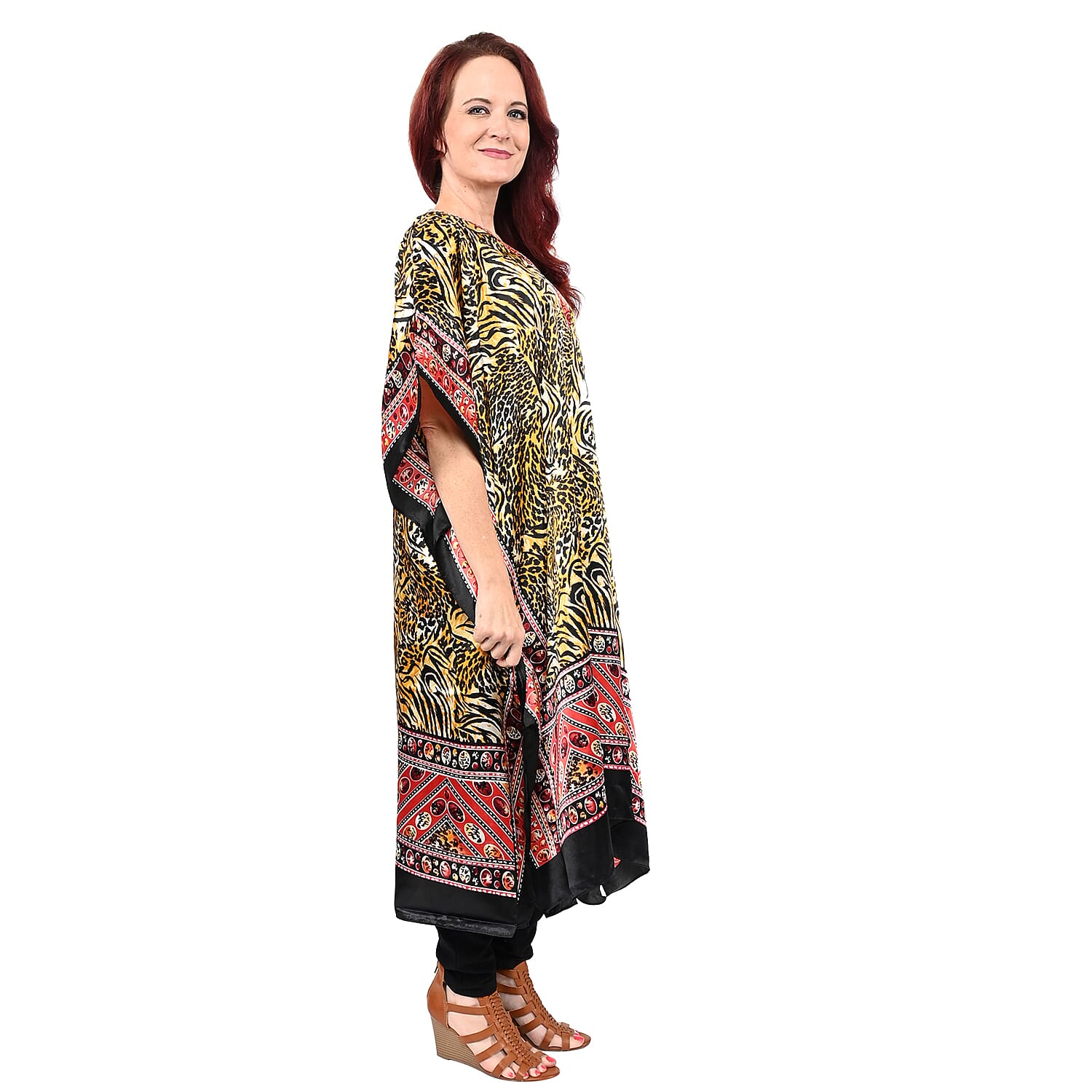 Winlar Yellow Tiger Print V-Neck Short Satin Kaftan - One Size Fits Most