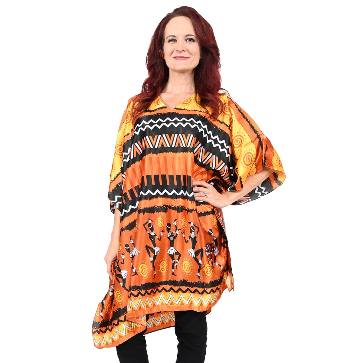Winlar Orange Tribal Print V-Neck Short Satin Kaftan - One Size Fits Most image number 0